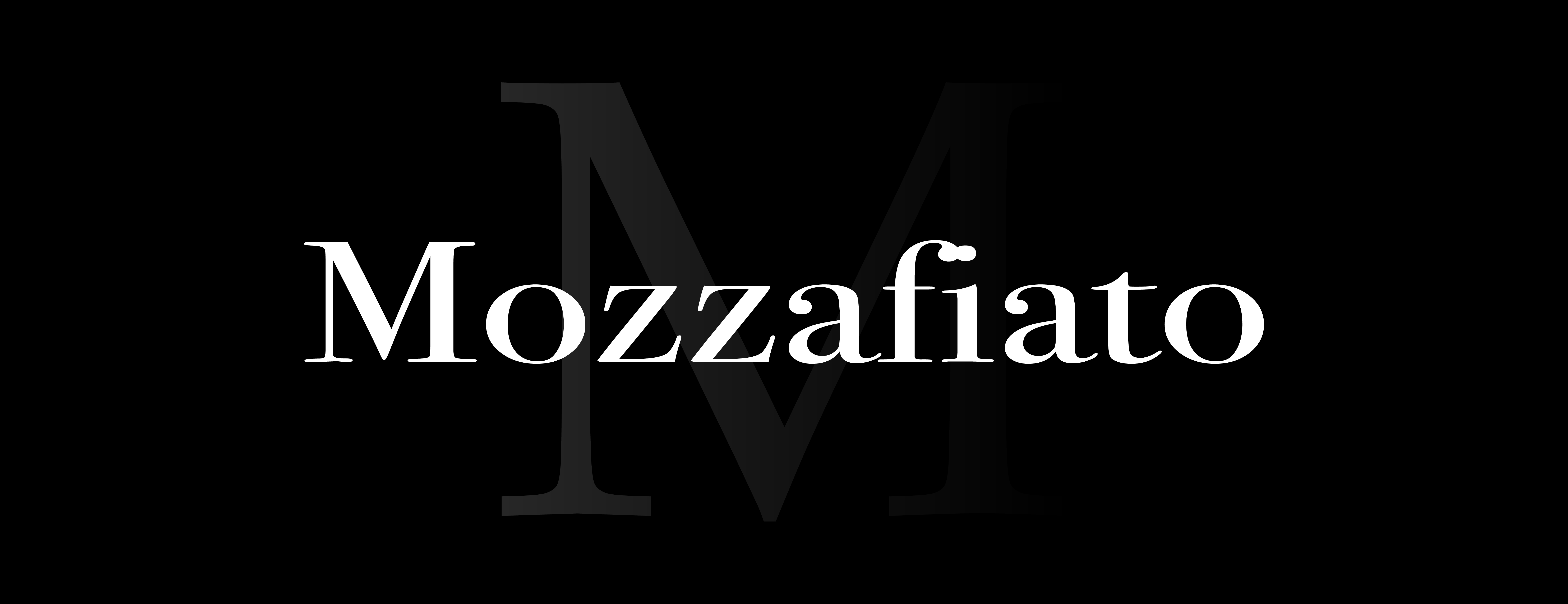 Black background with Mozzafiato in white type with a M centered behind fading from left to right.