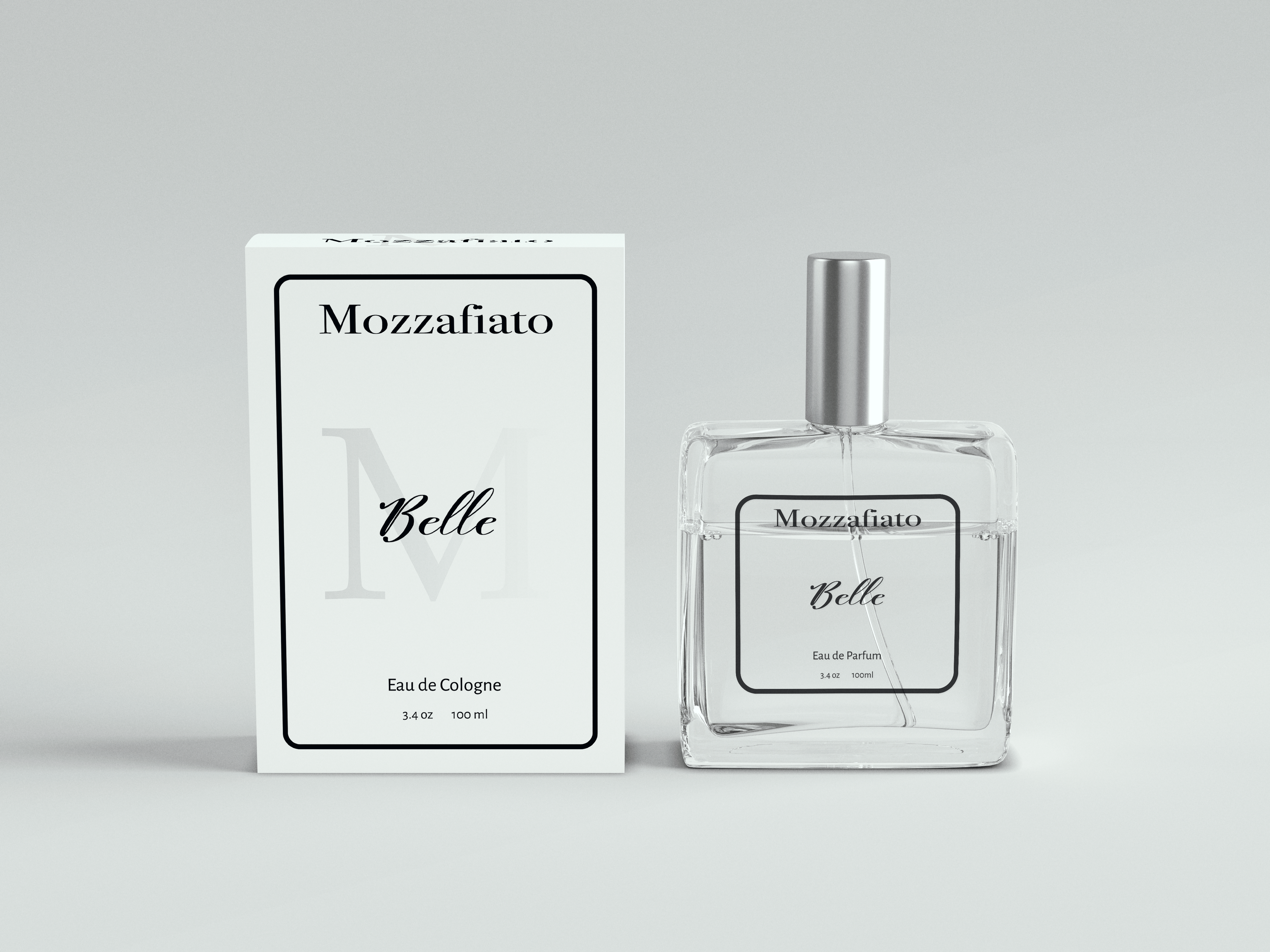 Mozzafiato Belle perfume white box packaging and clear glass bottle.