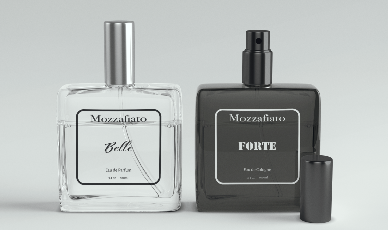 Mozzafiato his and hers fragrances. Left glass bottle "Belle", and right black glass bottle "Forte".