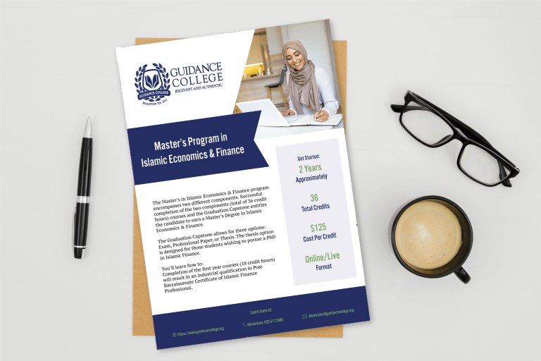 Flyer for Guidance College Masters program in Islamic Economics and finance on desk.