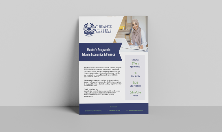 Flyer for Guidance College Masters program in Islamic Economics and finance.