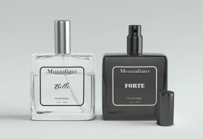 Mozzafiato his and hers fragrances. Left glass bottle "Belle", and right black glass bottle "Forte".